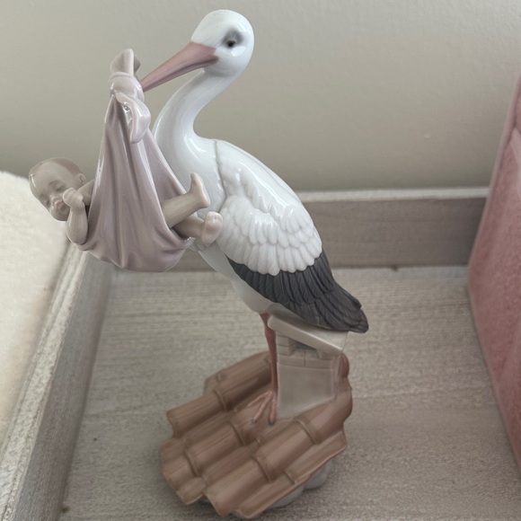 Lladro Ceramic Stork Figurine Bird Toy - White and Pink